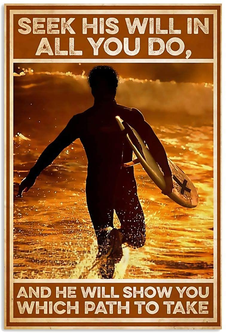 Vintage Surfing – Seek His Will In All You Do Poster Art Print      Home Decor Gift For Men Women Family Friend On Birthday Xmas