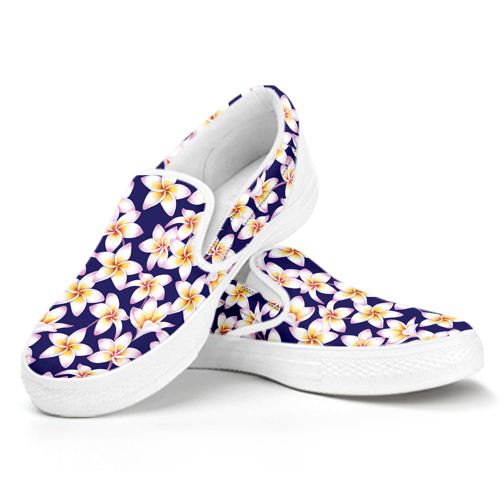 Watercolor Frangipani Flower Print White Slip On Shoes