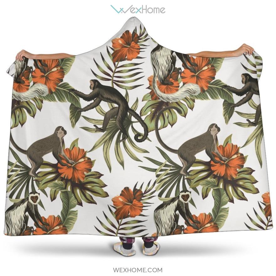 Monkey Red Hibiscus Flower Palm Leaves Floral Pattern Hooded Blanket