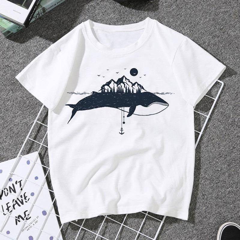 Crushtee Whale With Mountains On The Back T Shirt Cute Casual Summer Tee Shirt For Women Girls Travel Clothing Perfect Gift Long Sleeve Hoodie