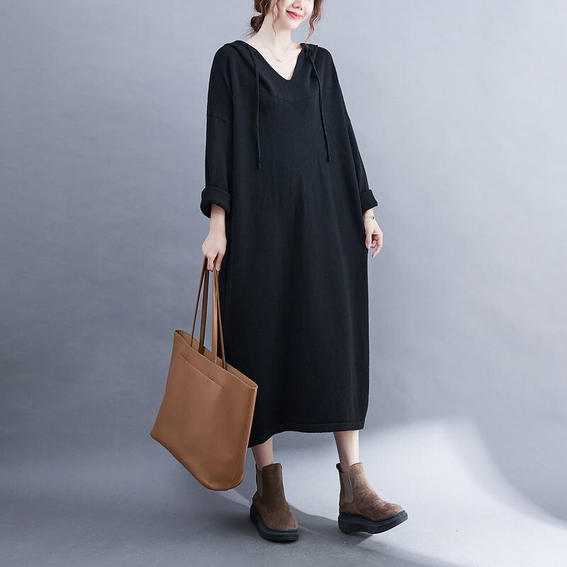 V-Neck Hooded Large Women Hoodies Maxi Robe Dress Autumn Winter Casual Loose Clothes Elegant Lady Vintage Outerwear Sportswear alx