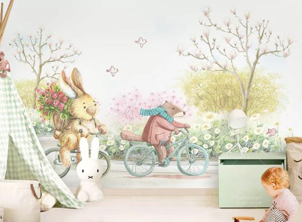 3D Rabbit Bear Bike Cartoon Child Wall Mural Wallpaper 679