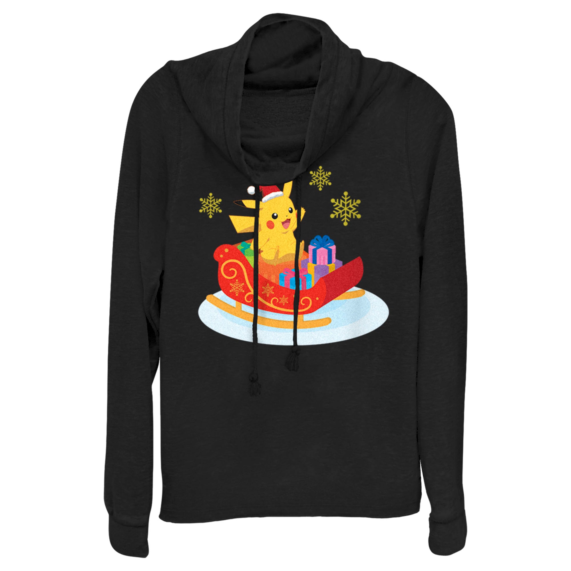 Junior’S Pokemon Christmas Pikachu Sleigh Cowl Neck Sweatshirt