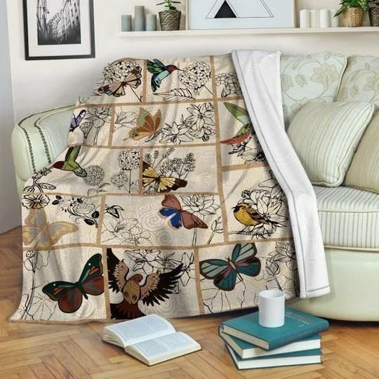 Birds And Butterflies Flying Pattern Fleece Blanket, Sherpa Blanket, Gift For Aunt Gift For Parent, Family Member, Friends Gift, Christmas Gift, Home Decor, Home Living