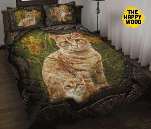 Cat Family Flower Art Style Quilt Bed Set And Pillow Covers