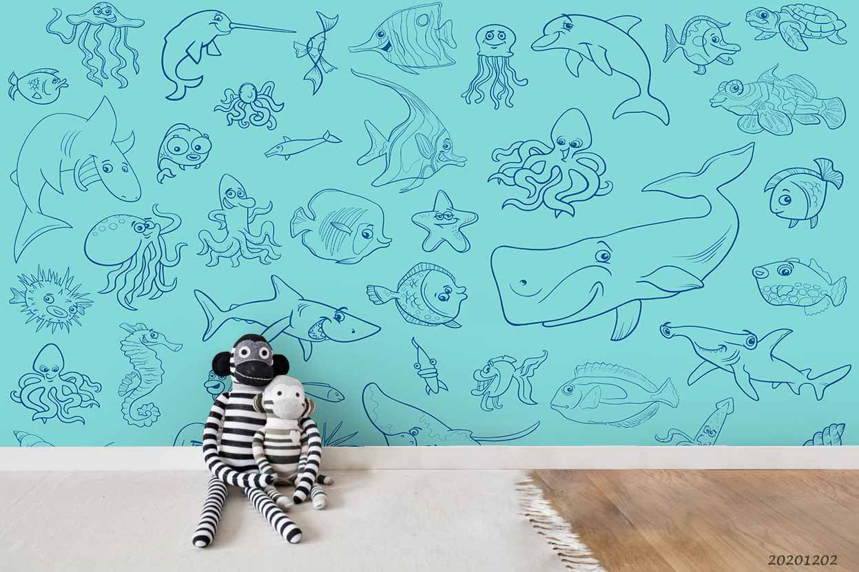 3D Cartoon Hand Drawn Ocean Octopus Dolphin Shark Whale Fish Blue Wall Mural Wallpaper Lxl