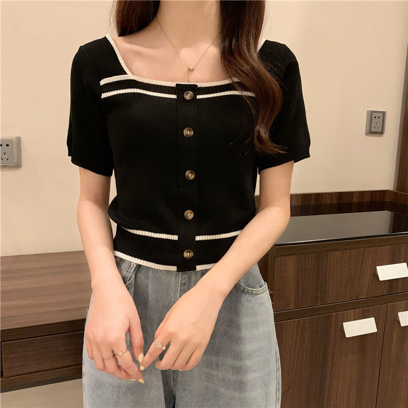 Woman TShirts Summer Short Sleeve Black Top 2021 Woman Square-Neck Sweater Crop Top Mujer Camisetas alx