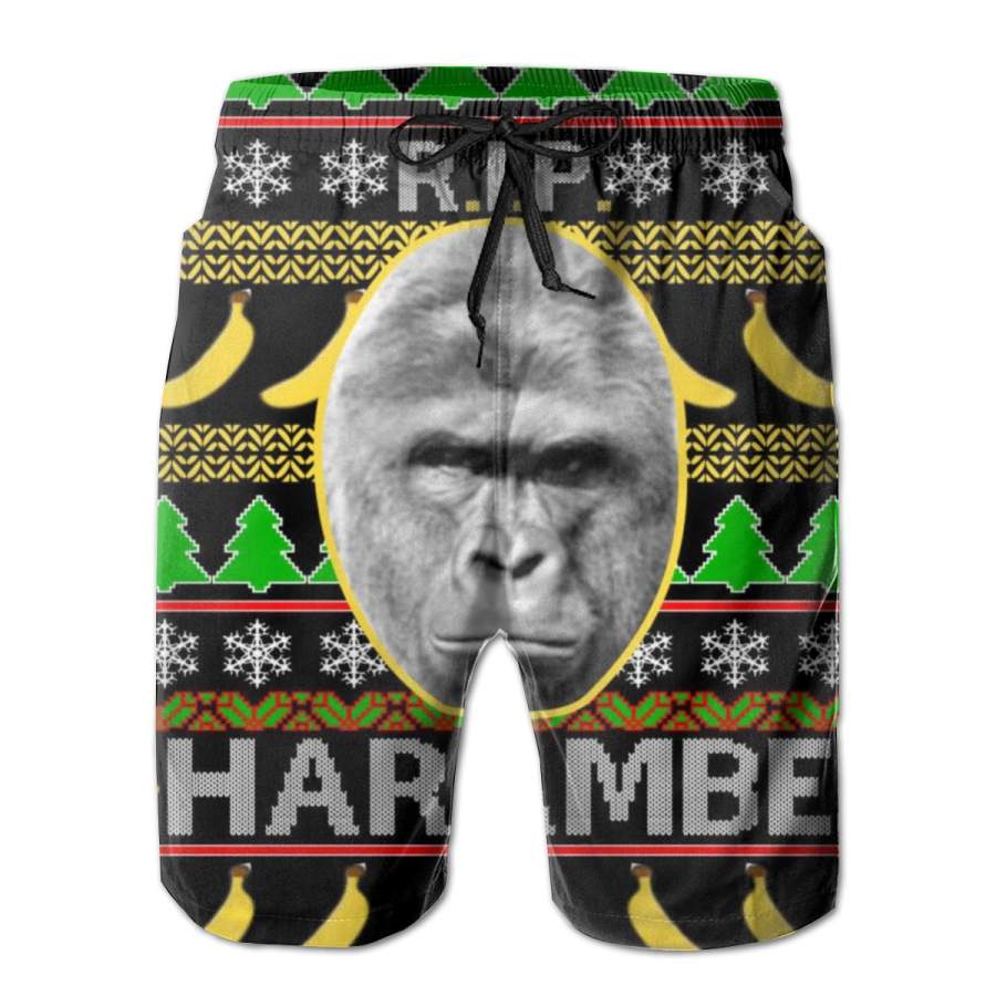 2 Pack R.I.P. Harambe RIP Gorilla Ugly Christmas Sweater Design Poster Men Swim Trunks Drawstring Elastic Waist Quick Dry Beach Shorts with Mesh Lining Swimwear Bathing Suits