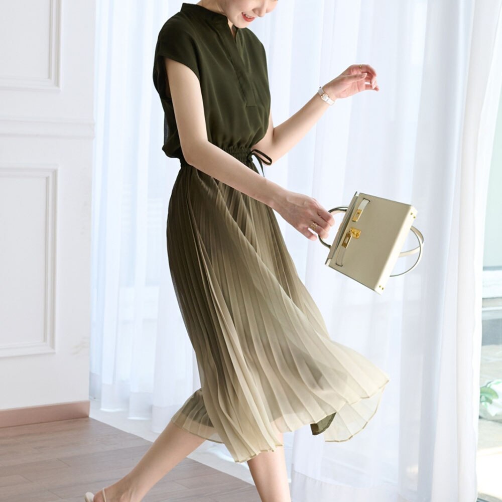 Women Dress 2022 Summer Pleated Long Dress Short Sleeve Ladies Fashion Pullover OL Commuting Korean Female Clothes New 15337 alx