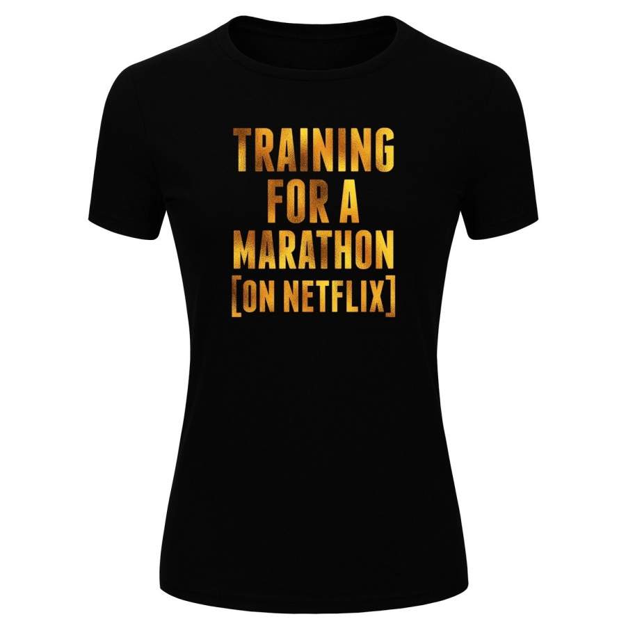 Women’S Fashion Training For A Marathon On Netflix Gold Glitter Print Short Sleeve Funny T-Shirt Funny Workout Tee (Size S-Xl)