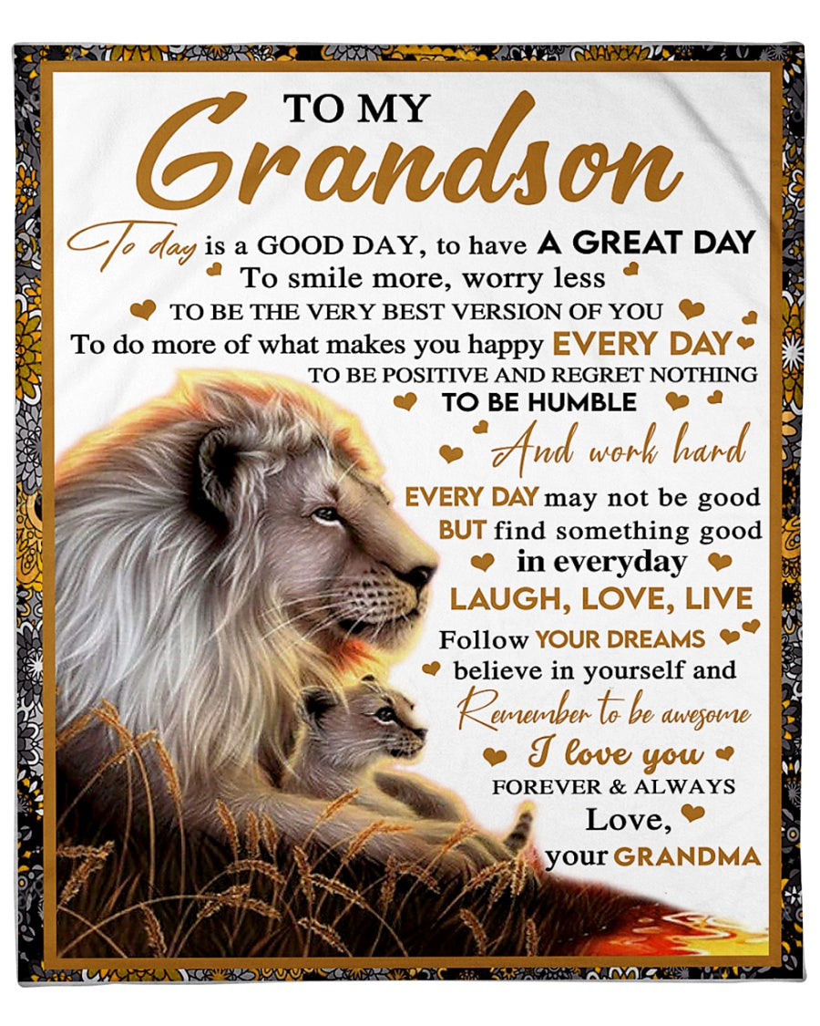 To My Grandson, Laugh Love Live, Follow Your Dreams, Grandma, Lion, Gift For Grandson, Fleece Blanket