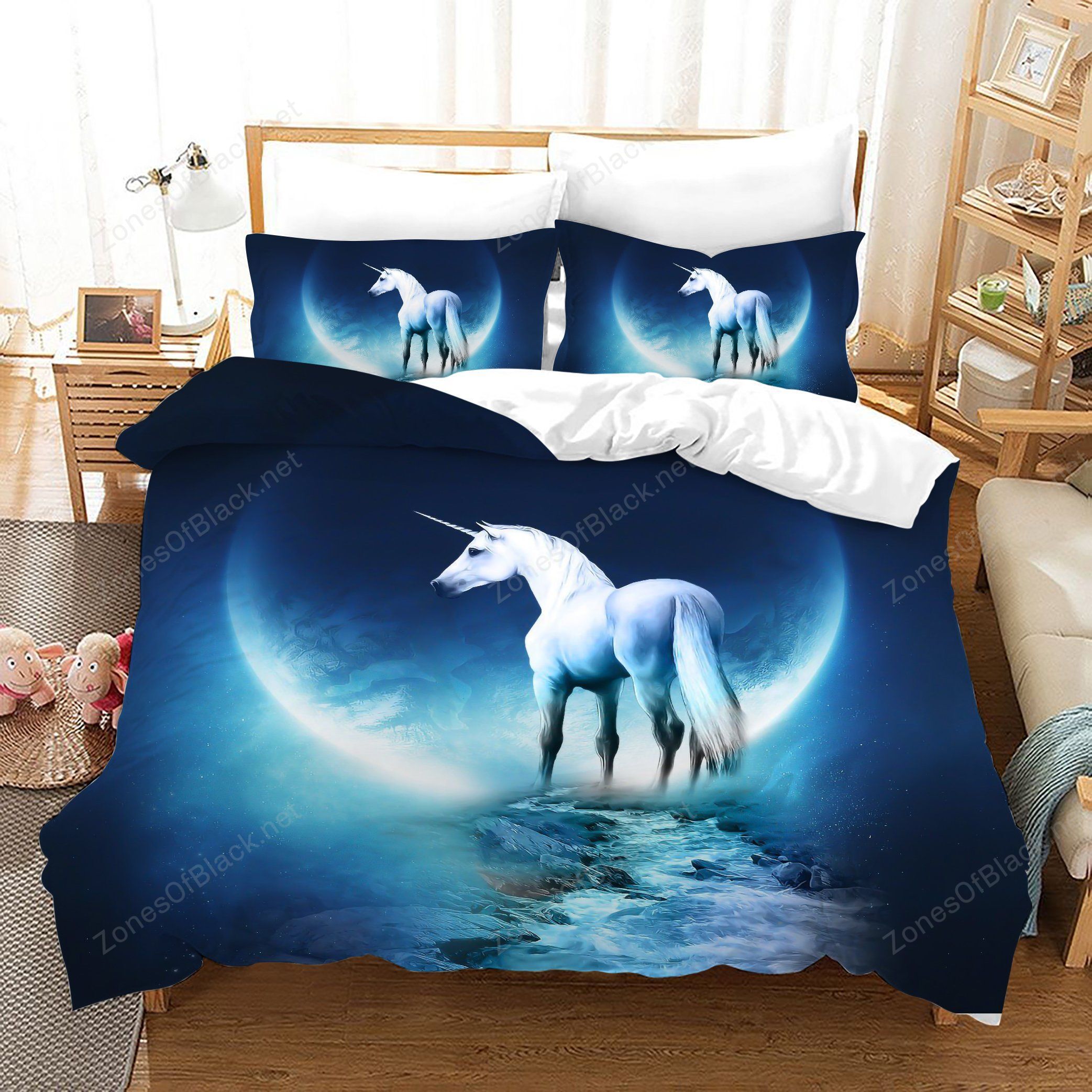 3D Blue Moon Unicorn Bedding Set Bedroom Decor