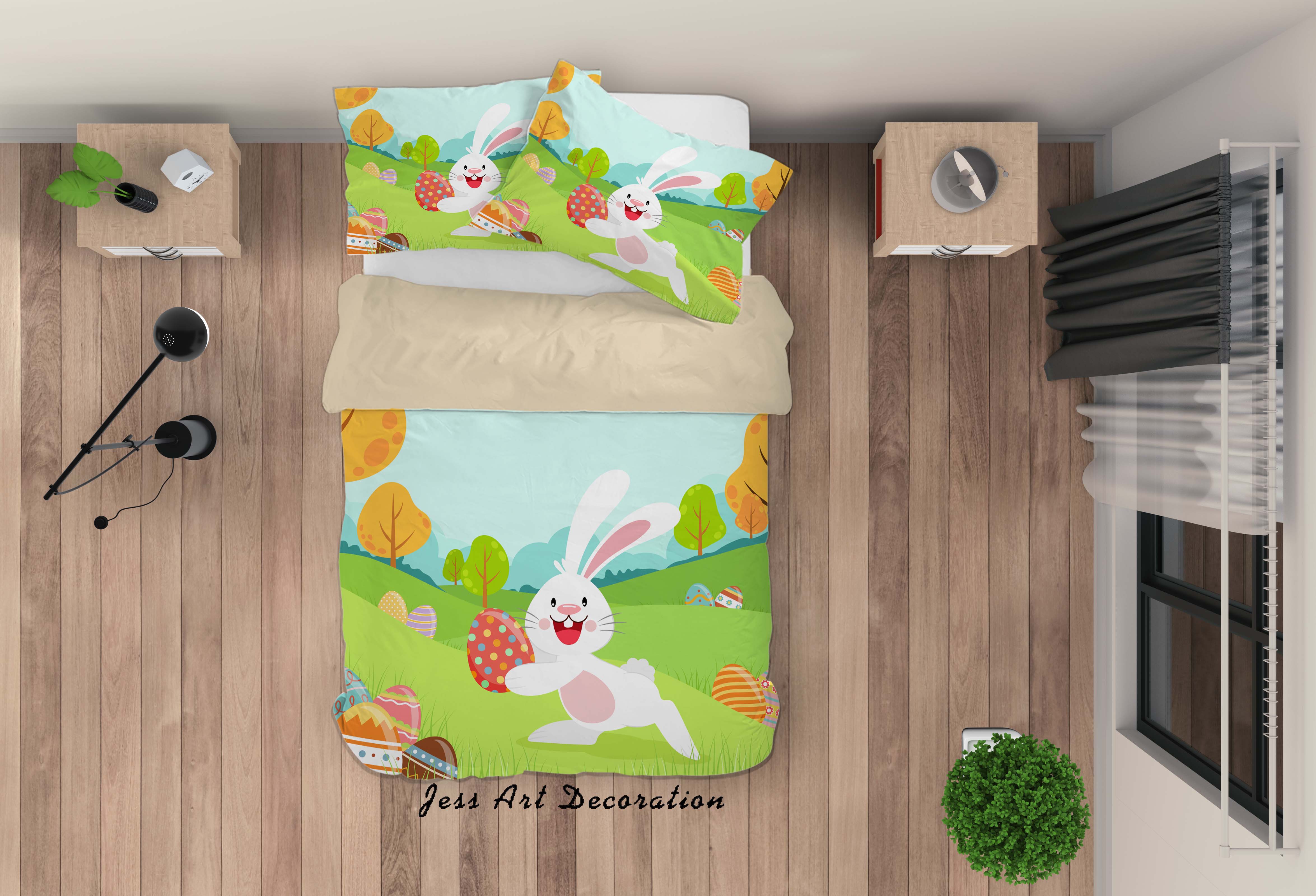 3D Cartoon Rabbit Grassland Trees Eggs Quilt Cover Set Bedding Set Duvet Cover Pillowcases Sf86