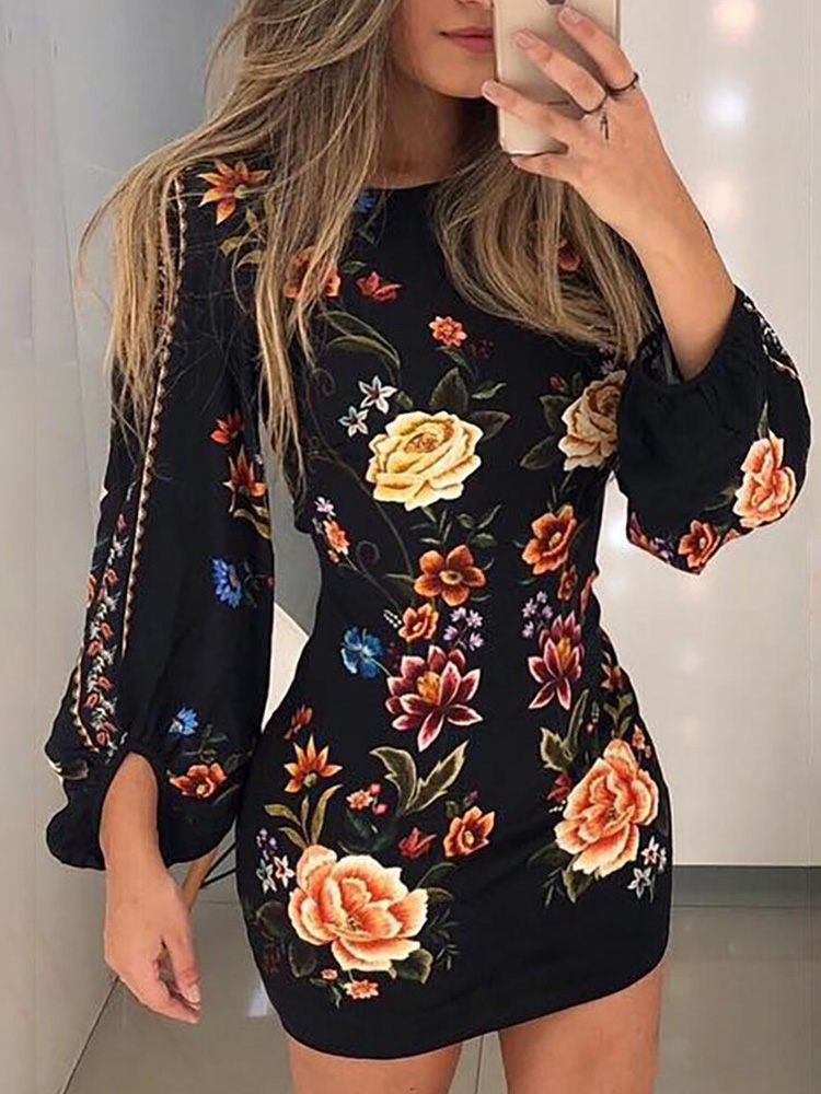 Women Cutout Back Bishop Sleeve Floral Bodycon Dress Ladies Printed Summer Holiday Skinny Mini Dress Robe De Femme Streetwear alx