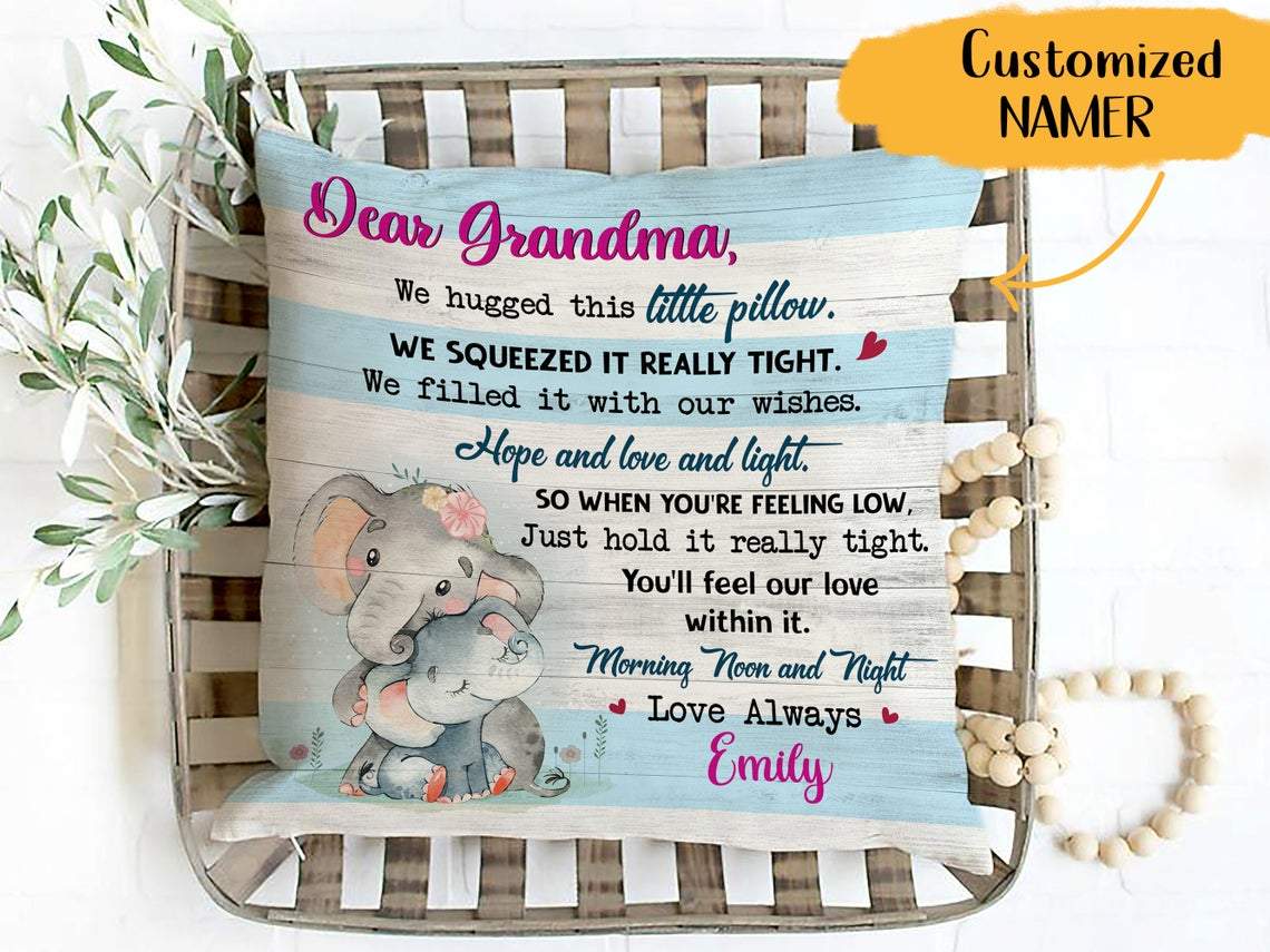 Personalized To My Grandma Elephant Pillow, Gifts From Grandkids, We Hugged This Little Pillow