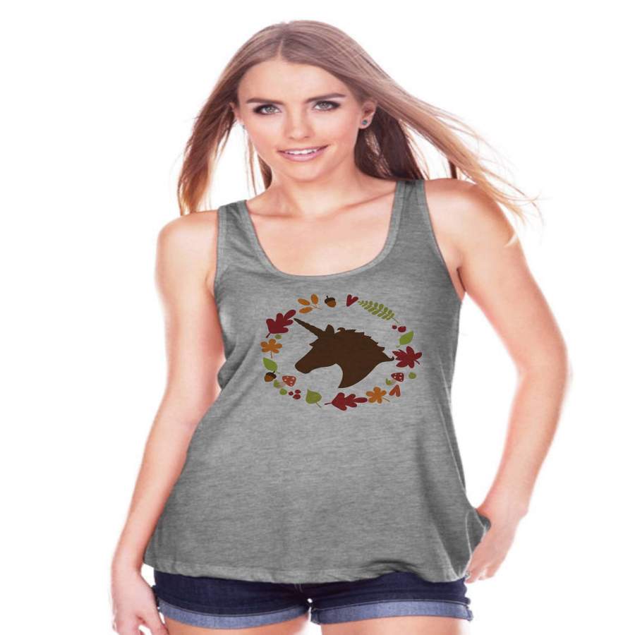 Women’s Unicorn Shirt – Fall Leaves Wreath Unicorn – Autumn Unicorn Tank – Womens Grey Tank Top – Cute Fall Unicorn Shirt – Gift for Her