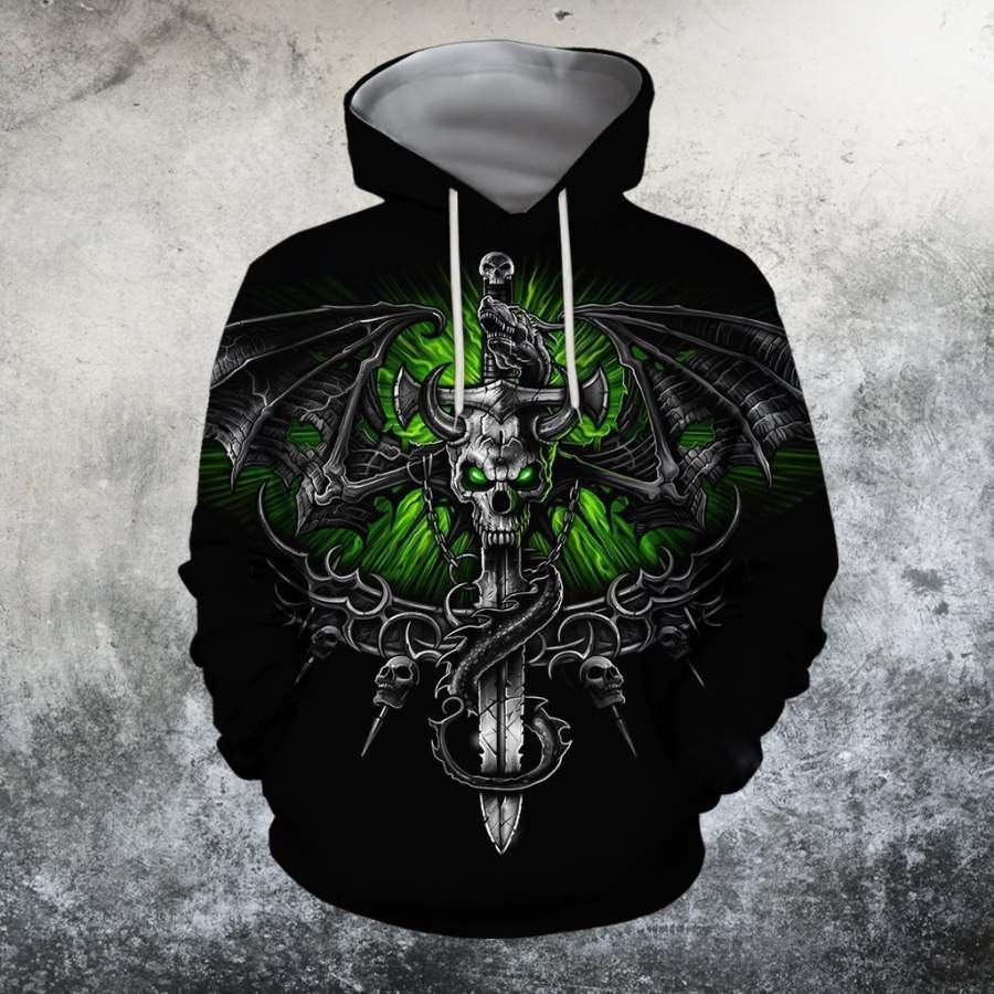 3D All Over Print skull dragon skeleton wings sword Hoodie