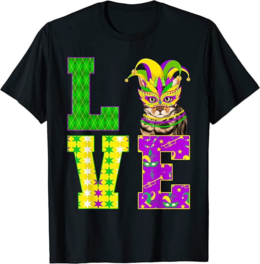 Cat Kitty Kitten I Love Mardi Gras Costume Mask T-Shirt