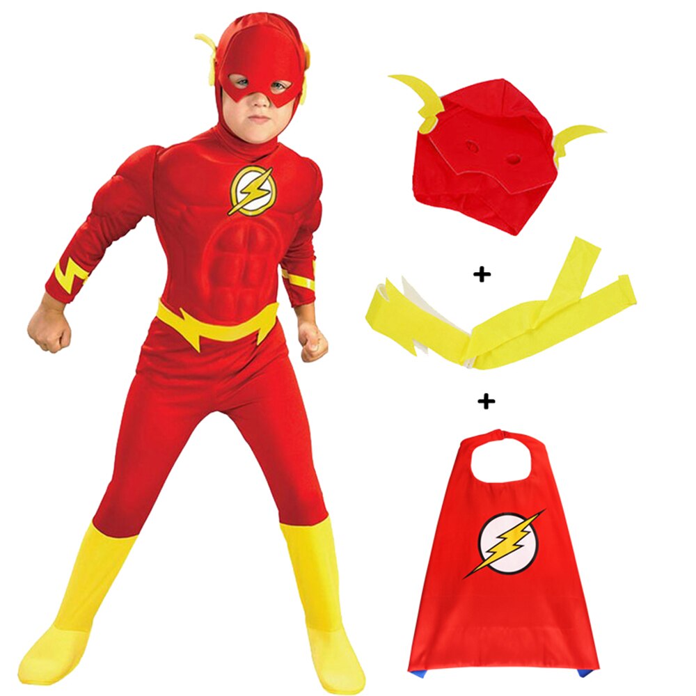 Anime Muscle The Flash Cosplay Costumes With Shoes Cover Mask Belt For Kids Muscle Chest Deluxe Toddler Children S-XL alx