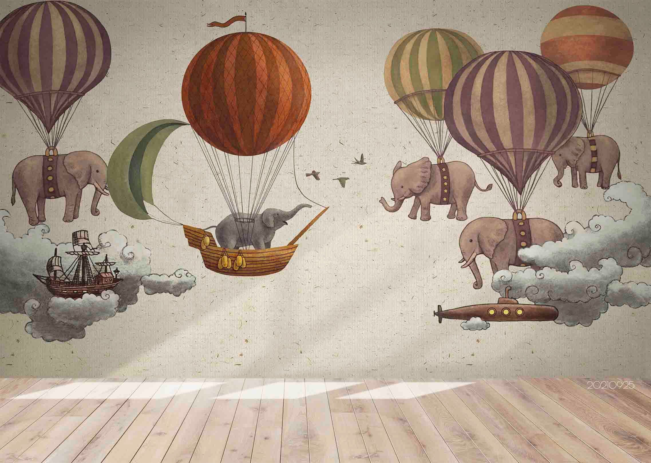 3D Cloud Animal Elephant Hot Air Balloon Wall Mural Wallpaper Lqh 213