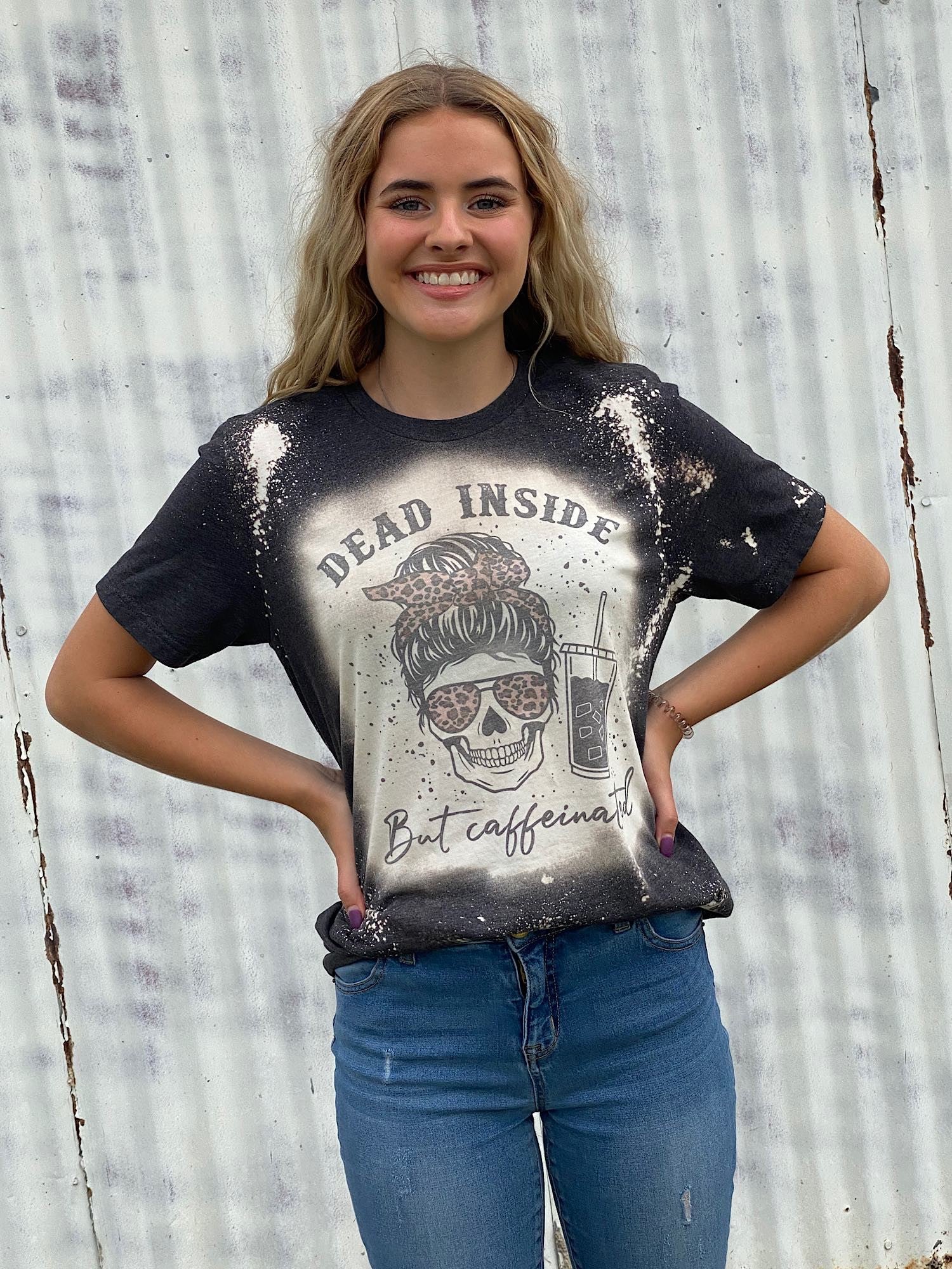 Dead Inside But Caffeinated Leopard Messy Bun Skull Bleached Dye Canvas Girlie T Shirt