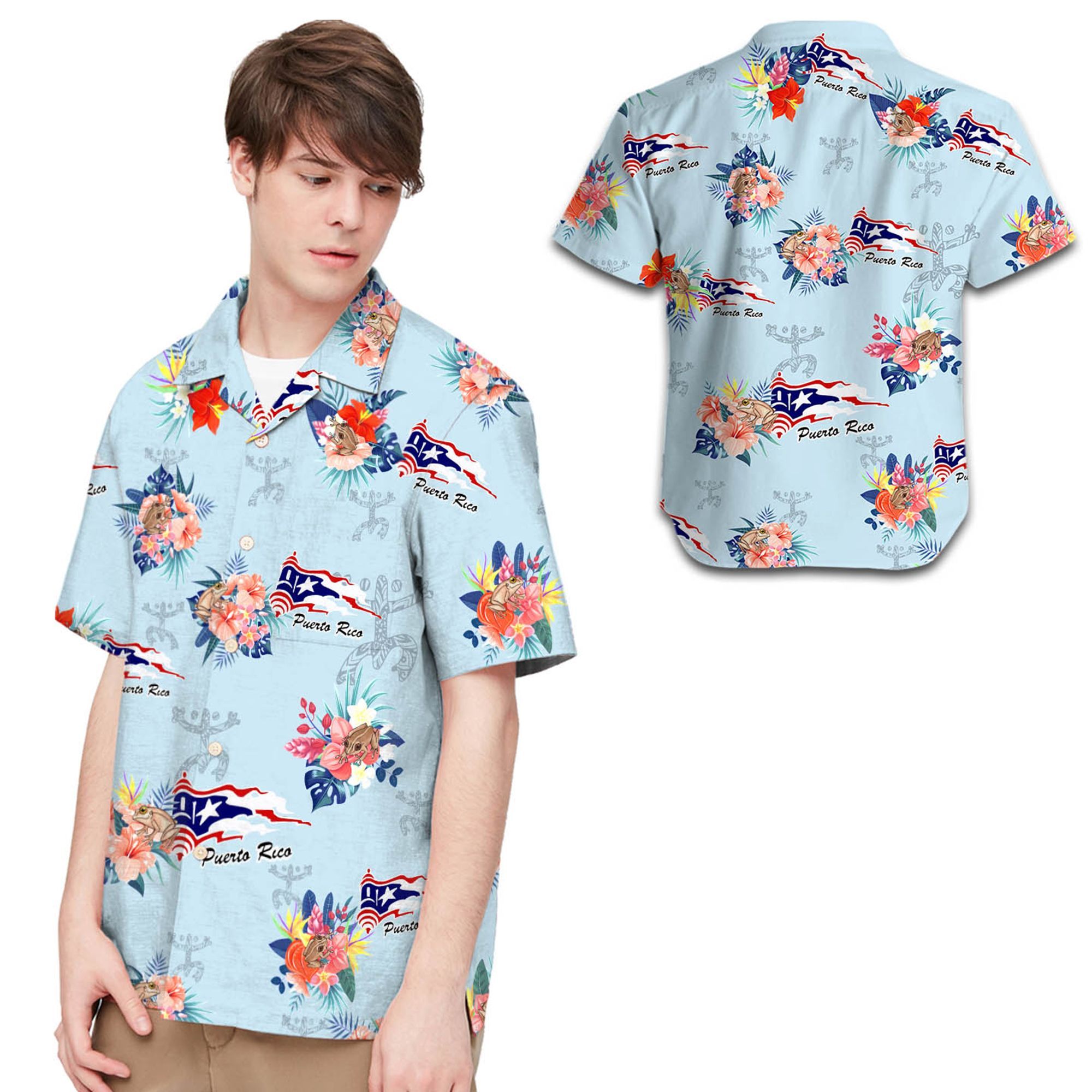 Beach Shirt Puerto Rico Frog Flag Hibiscus 3D Hawaiian Shirt For Men For Puerto Rican