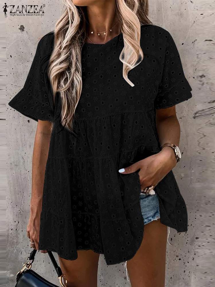 Women Elegant Floral Embroidery Top ZANZEA Summer Lace Crochet Blouse Tunic Casual O Neck Short Sleeve White Shirt Ruffle Blusas alx