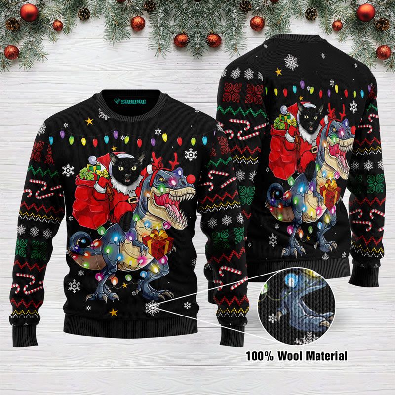 Black Cat Riding Dinosaure T Rex Funny Ugly Sweater 1011