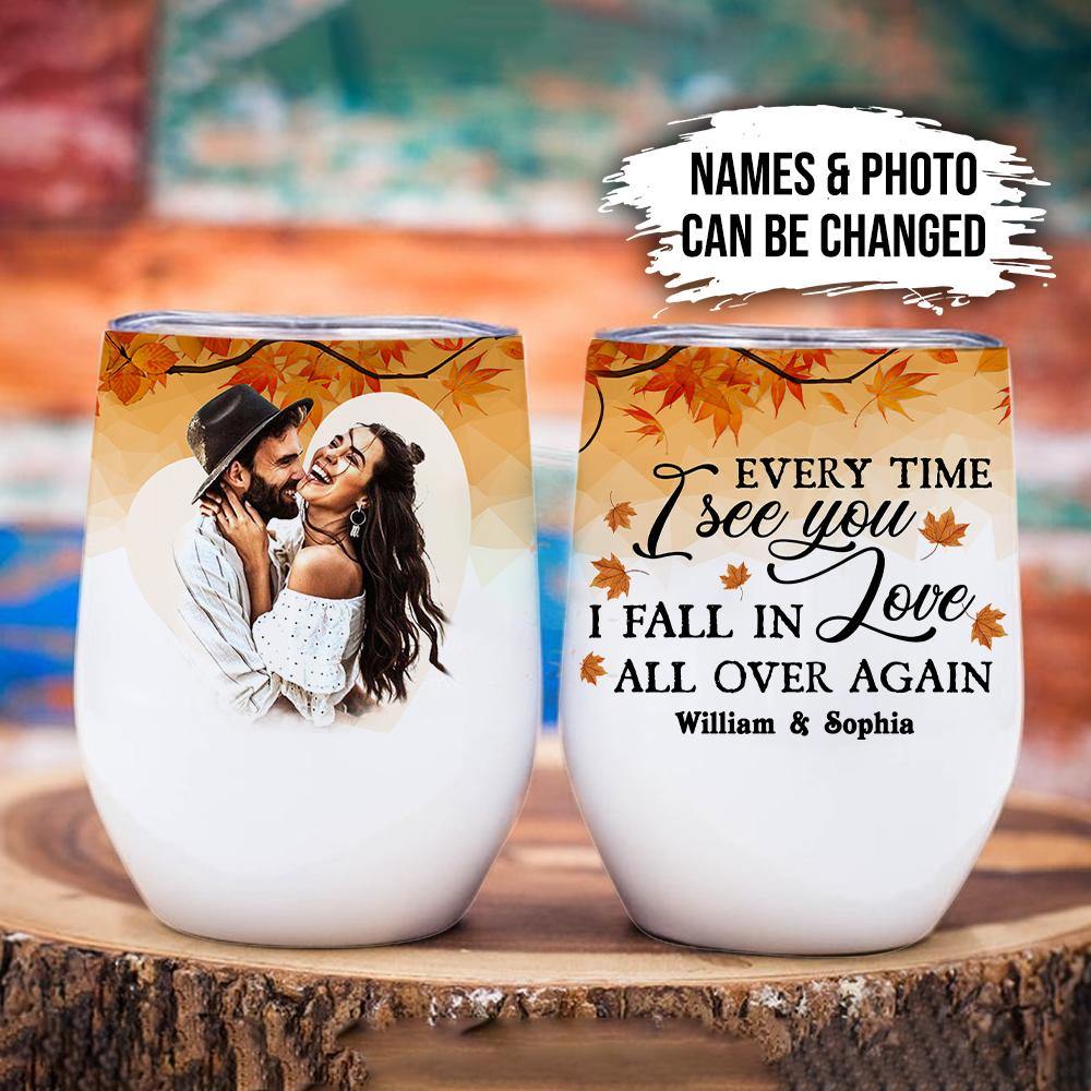 Fall In Love Personalized Wine Tumbler, Autumn Gift, Gift For Couple
