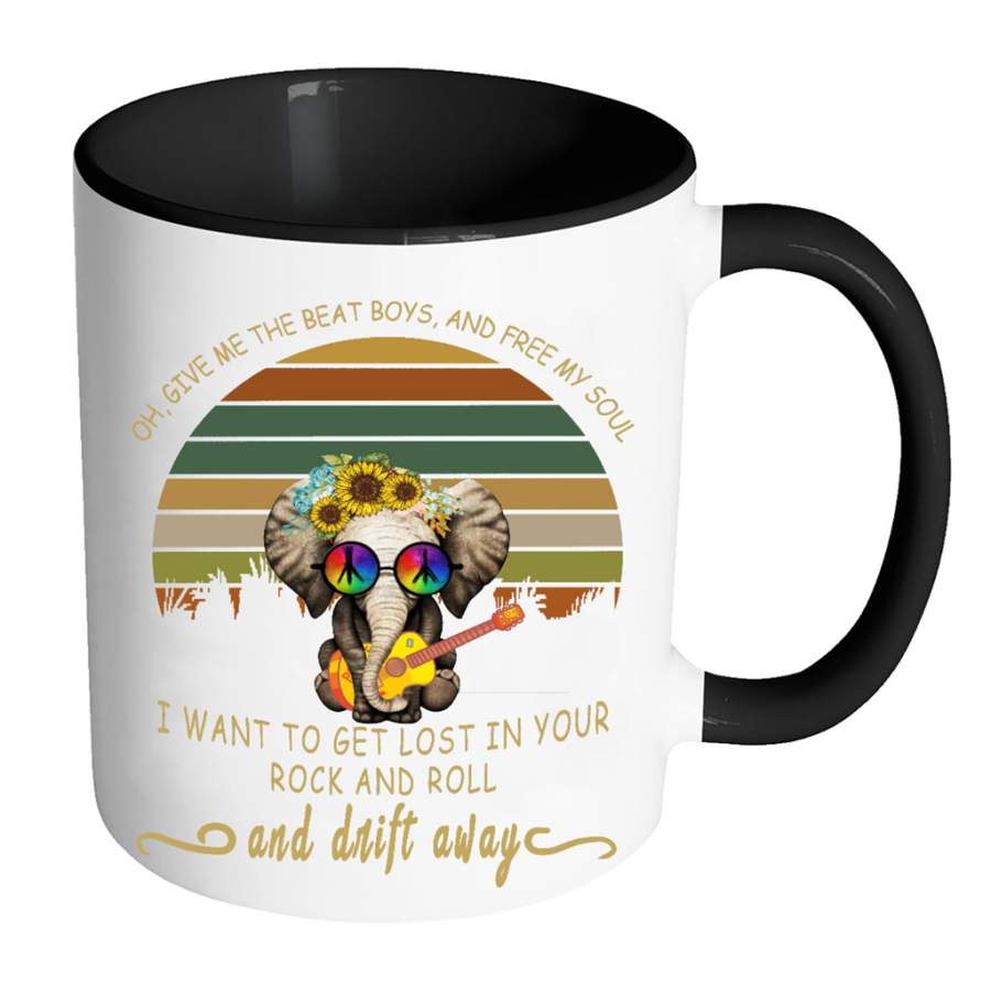 Oh, Give Me The Beat Boys, And Free My Soul I Want To Get Lost In Your Rock And Roll And Drift Away, Peace Sign, Elephant Classic Floral Design – Full-Wrap Coffee Colors Accent Mug