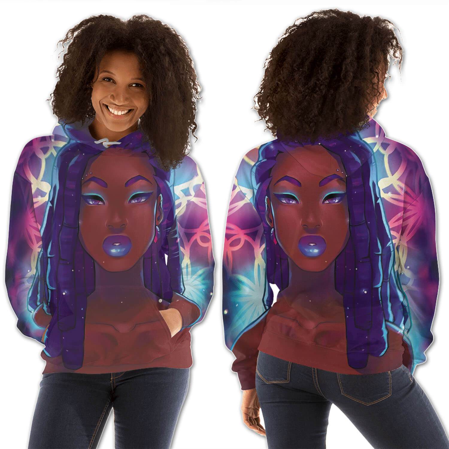 African American Hoodies Cute Afro American Girl All Over Print Womens Hooded Sweatshirt Afrocentric Clothing BPS07373