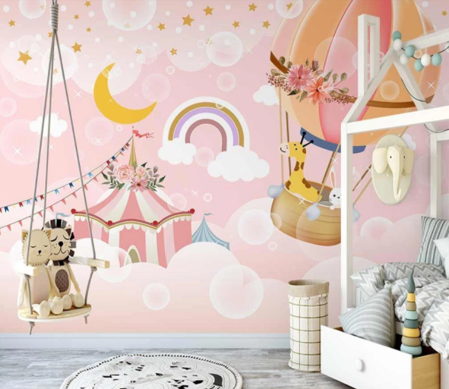 3D Cartoon Rainbow Circus Moon Hot Air Balloon Animal Pink Wall Mural Wallpaper Lxl