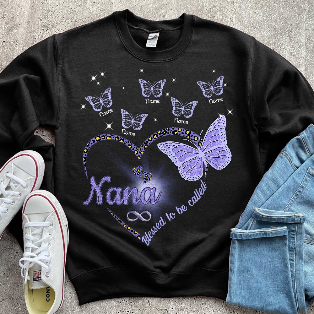 Personalized Blessed To Be Called Nana Butterflies Purple Butterfly Heart Nana With Grandkids Name Shirt Hn98