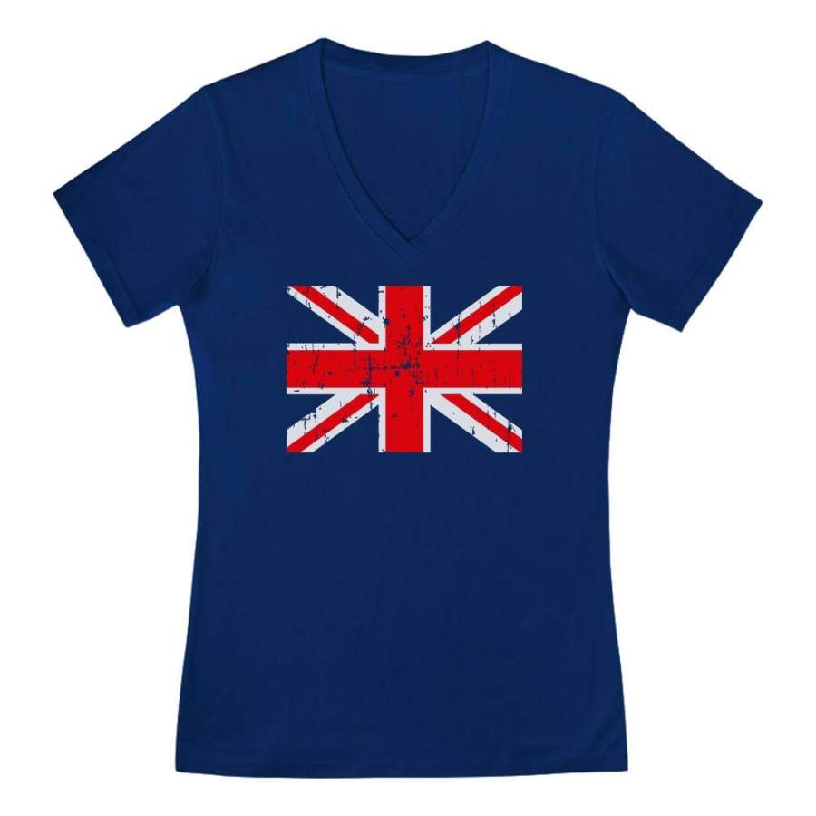 Vintage United Kingdom Flag V-Neck Fitted Women T-Shirt