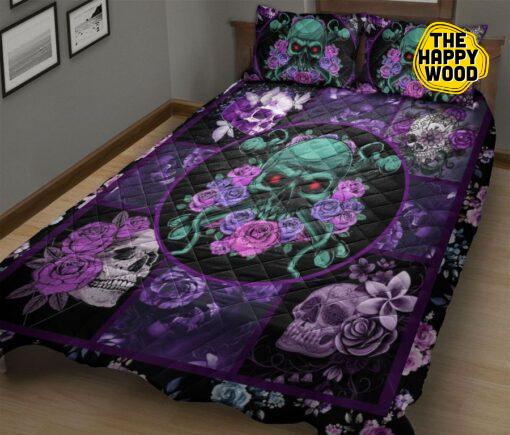 Impressive Skull Flower Quilt Bed Set And Pillow Covers