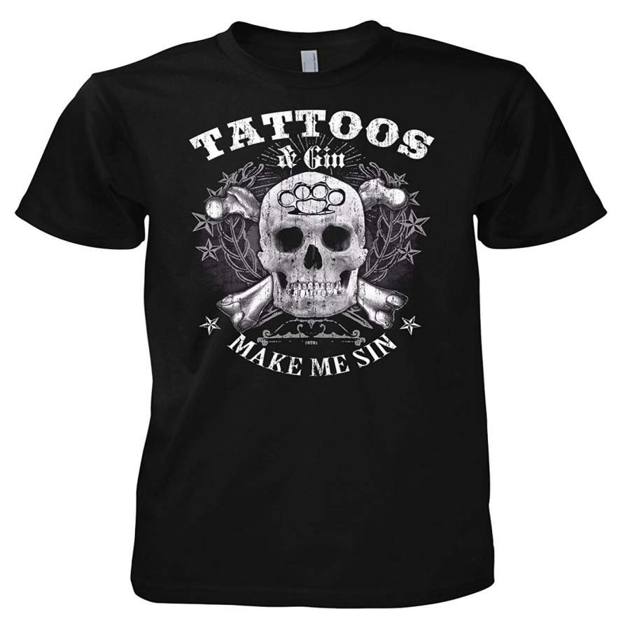 Rock Style Tattoos And Gin Make Me Sin T-Shirt Men’S Cotton T-Shirt