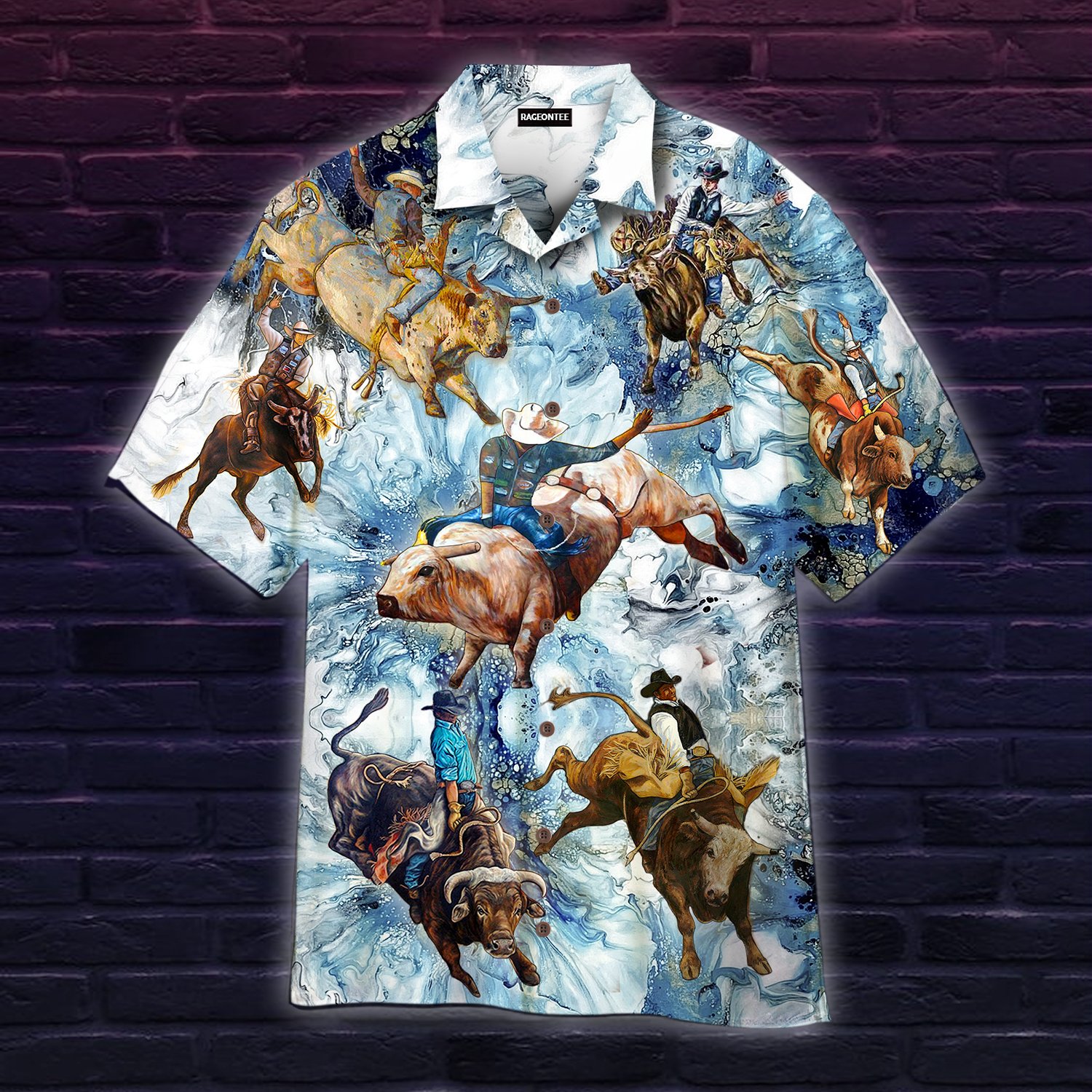 Bull Riding On Blue Hibiscus Flower Hawaii Shirt For Men Women Adult Ha22694