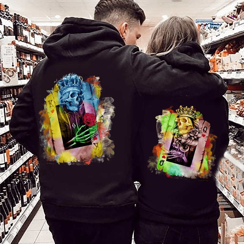 Colorful King And Queen Skull Poker Couple Hoodie 3D #Dh