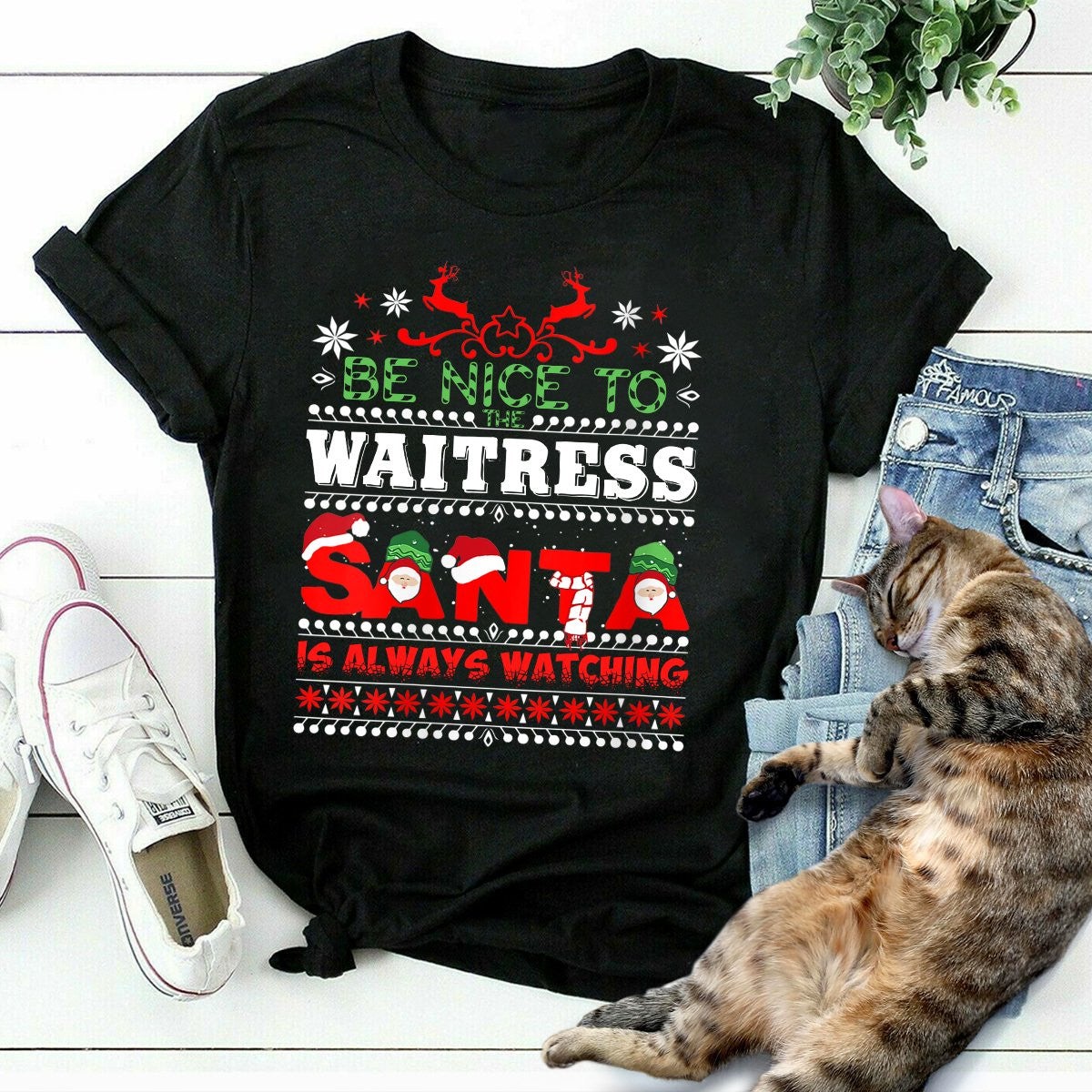 Be Nice To Waitress Santa Is Always Watching Ugly Christmas Gift Graphic Unisex T Shirt, Sweatshirt, Hoodie Size S – 5XL