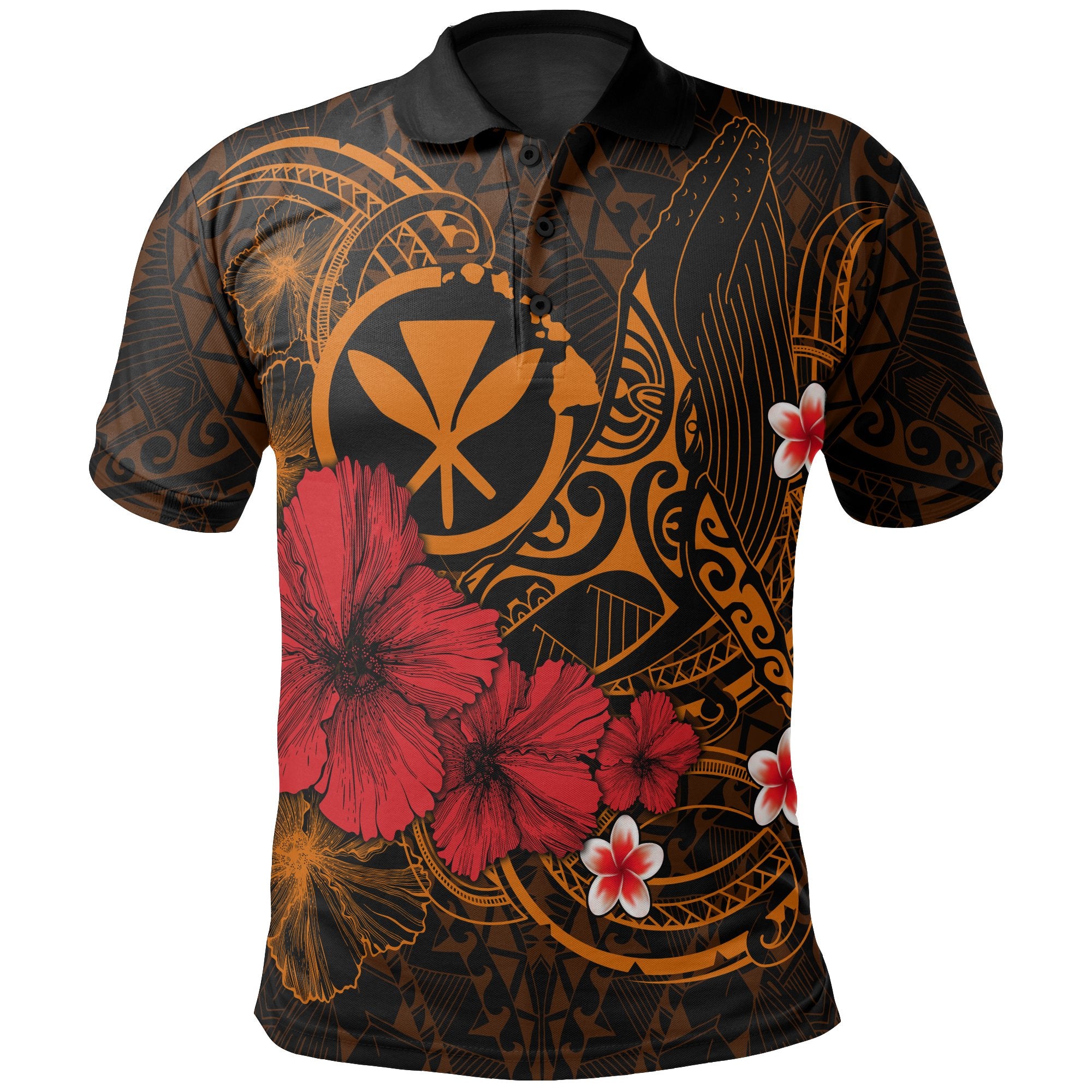 Polynesian Hawaii  Kanaka Maoli Polo Shirts – Humpback Whale With Hibiscus (Golden)