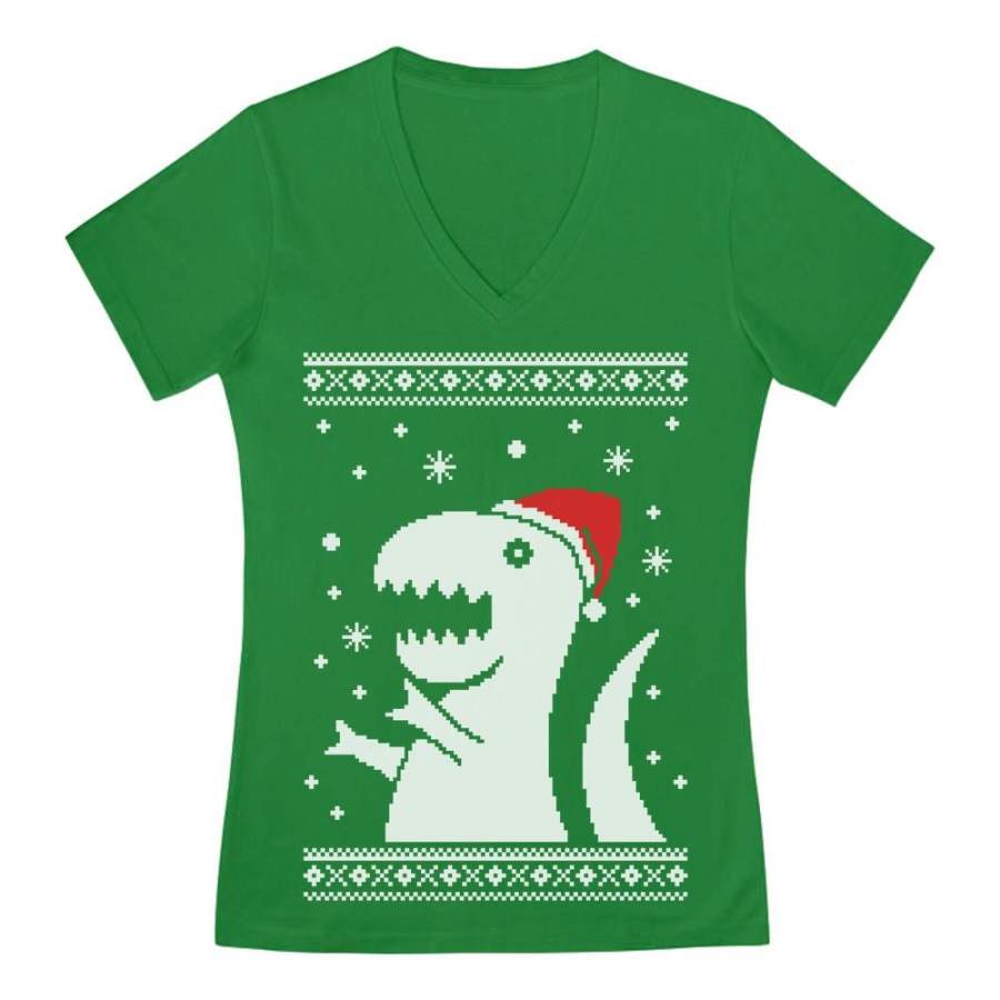 Ugly Christmas Sweater Big Trex Santa – Funny Xmas V-Neck Fitted Women T-Shirt