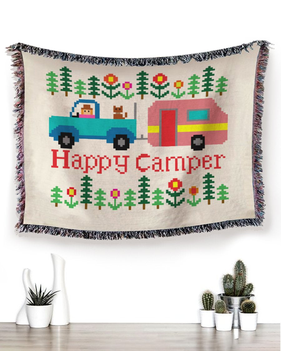 Woven Throw For Campers Camping Gift, Happy Camper, Cotton Blanket