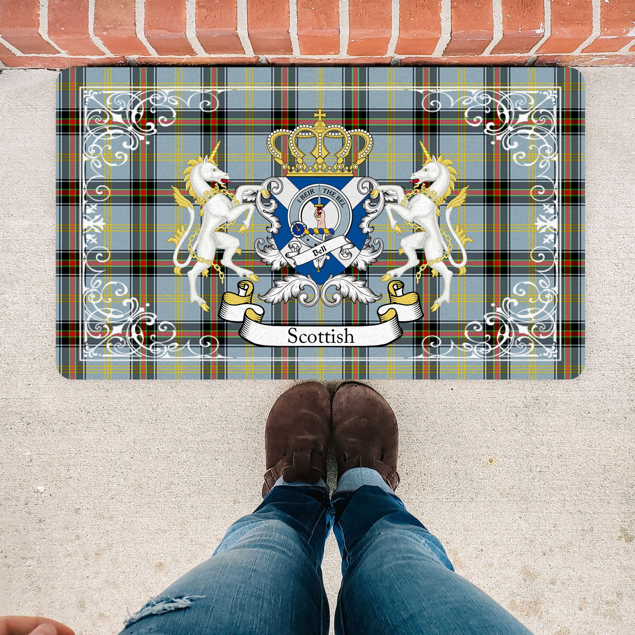 Scotstee Shop Tartan Door Mat Bell Clan Badge Tartan Scottish Plaid Doormat, Christmas Door Mat