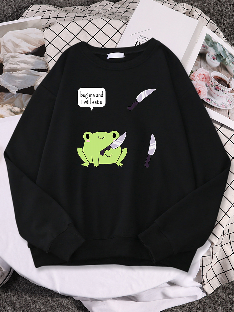 Women Sweatshirts Cute Frog Bug Me And I Will Eat U Print Sweater Lady Oversized Pullover Street Kawaii Animal Female Sweatshirt alx