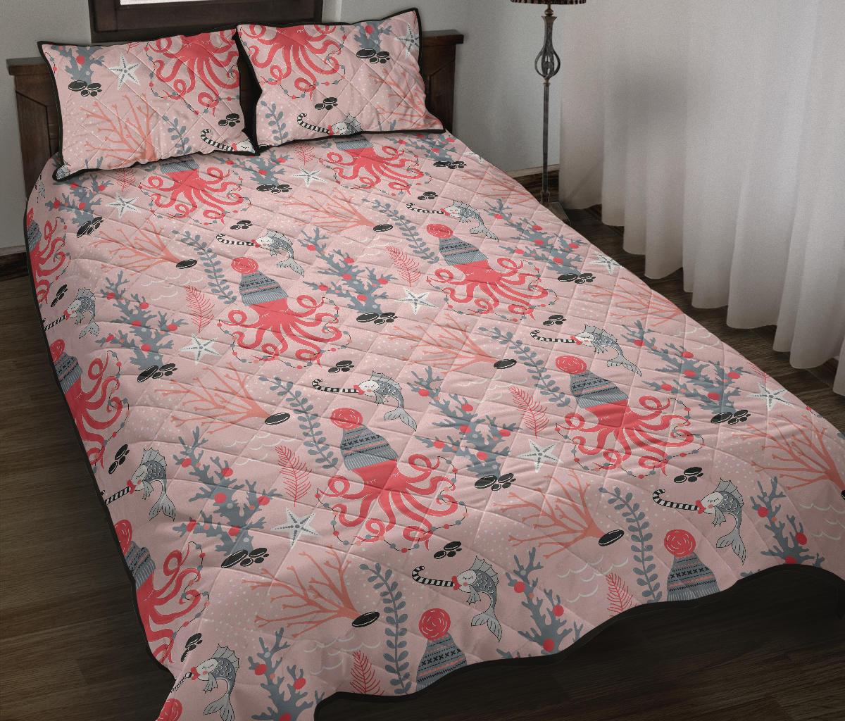 Octopus winter hat garland Fish candy Seaweed Coral Starfish Quilt Bed Set