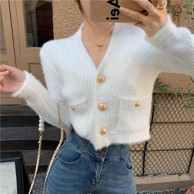 Cardigan Women Vintage French Style Cropped Knitted Sweater Teens College Stylish Casual V-neck Pockets Solid Elegant Female New alx