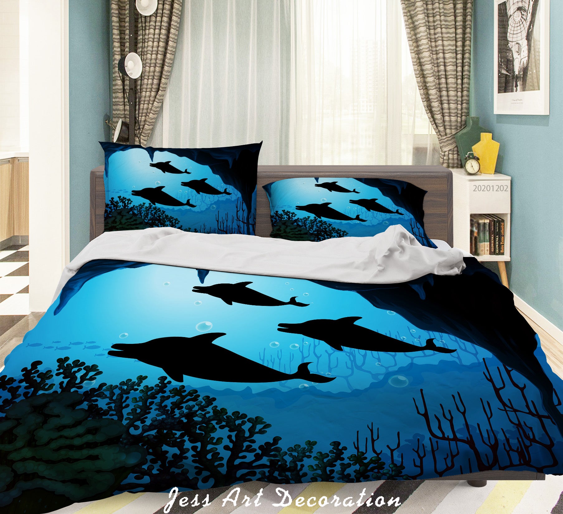 3D Cartoon Ocean Dolphin Fish Black Shadow Coral Quilt Cover Set Bedding Set Duvet Cover Pillowcases Lxl