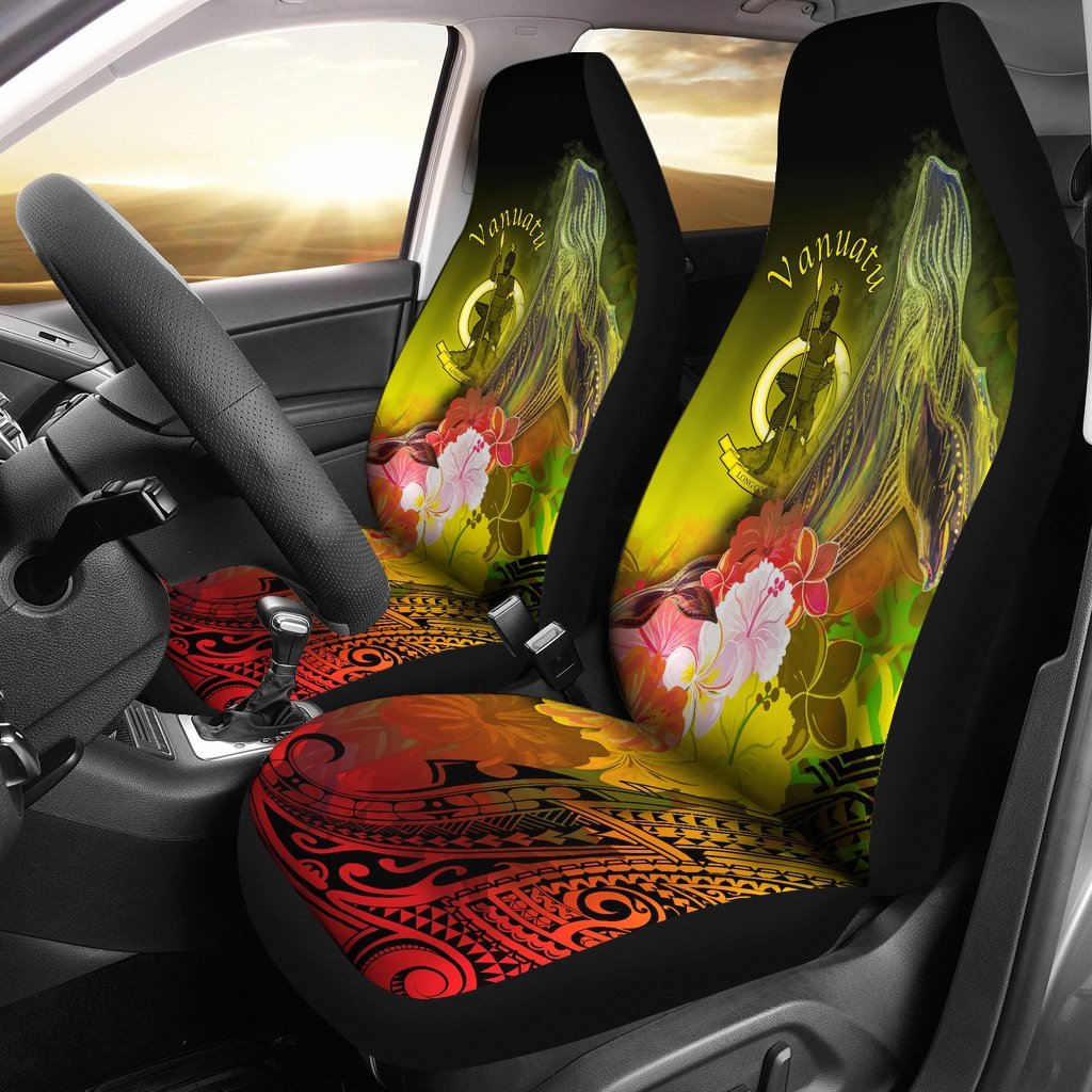 Vanuatu Car Seat Covers – Humpback Whale With Tropical Flowers (Yellow)