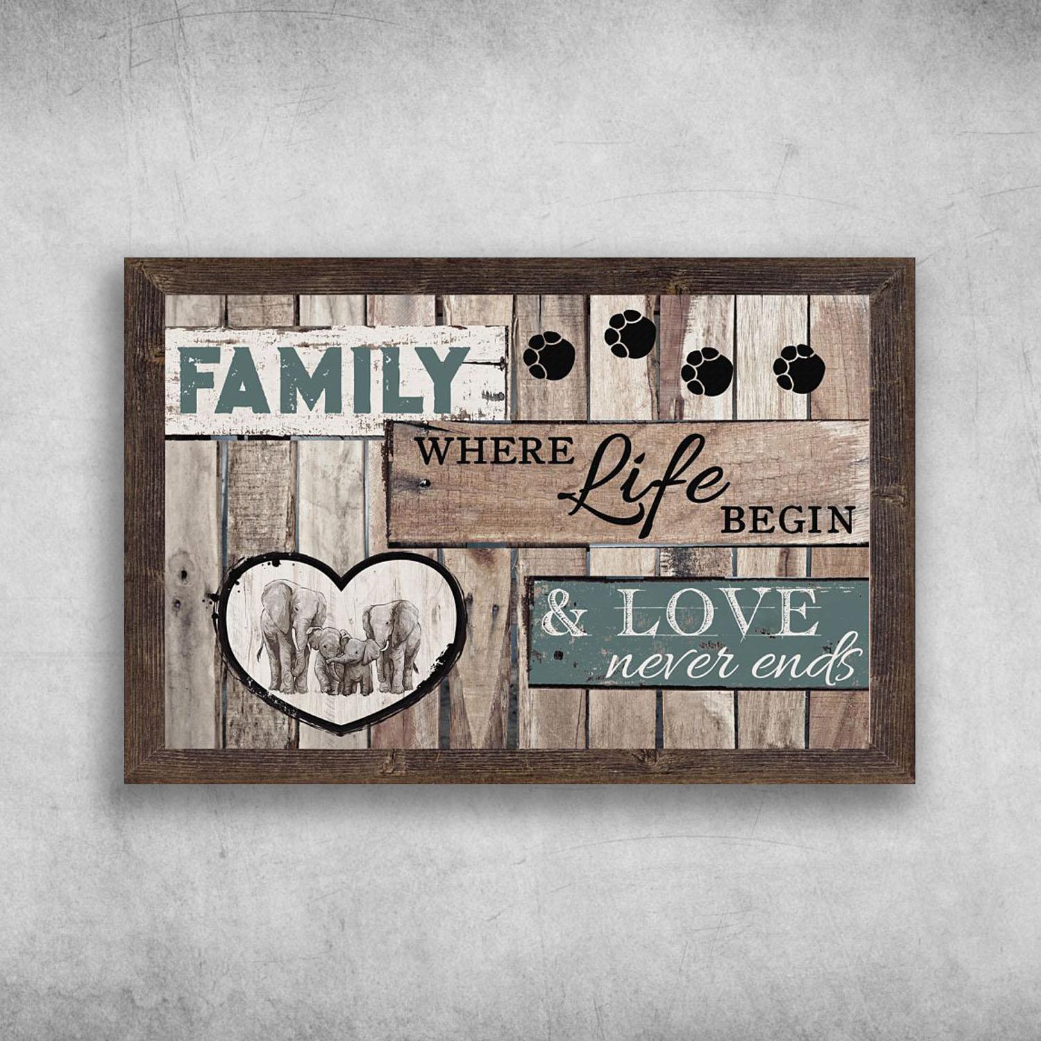 Family Where Life Begin And Love Never Ends Elephant Poster Print Wall Art Canvas Wall Decor