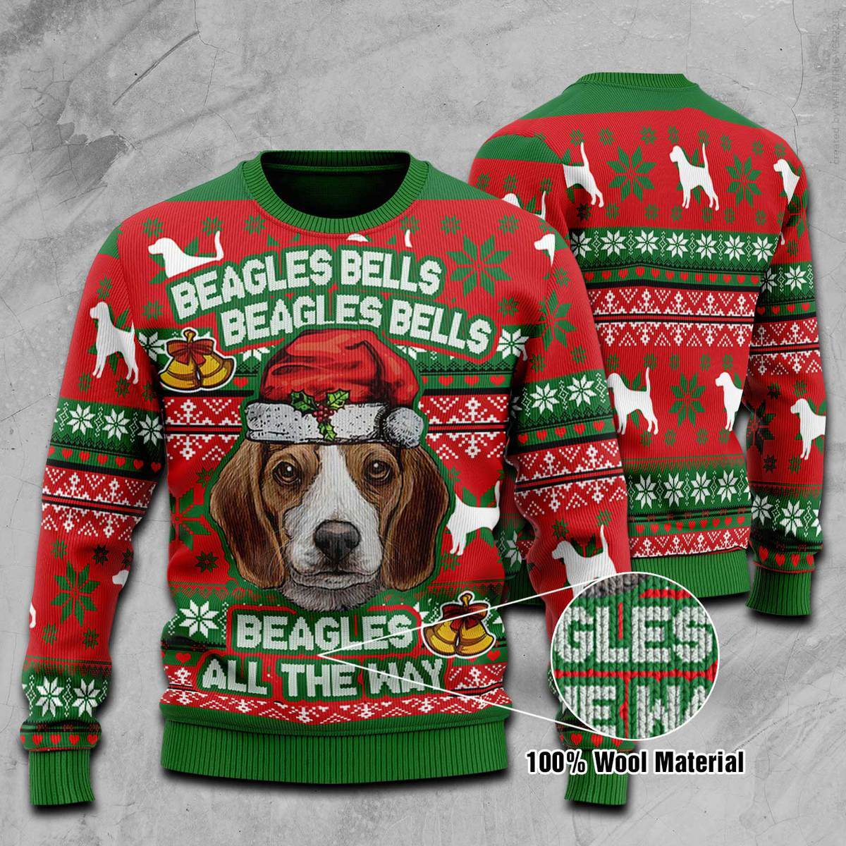 W Beagle Bells Merry Christmas 3D All Over Printed 100% Wool Material Sweater